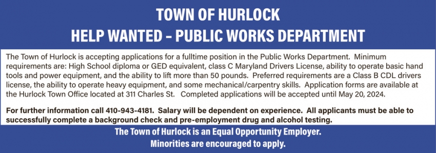 Public Works Department, Town Of Hurlock, Hurlock, Md