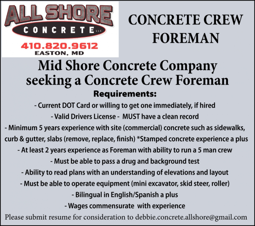 Concrete Crew Foreman, All Shore Concrete, Easton, MD