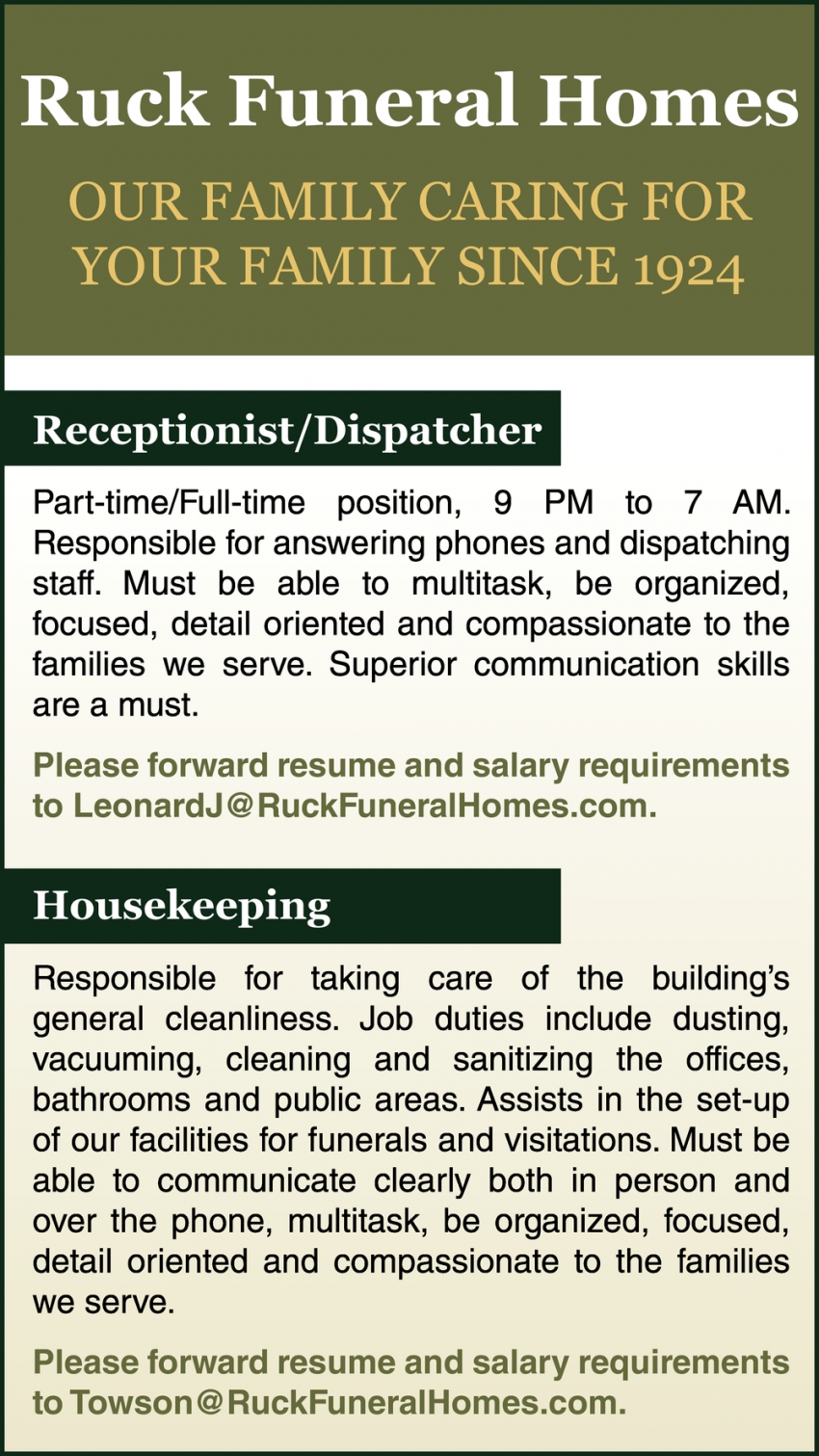 Receptionist/Dispatcher Housekeeping, Ruck Funeral Homes